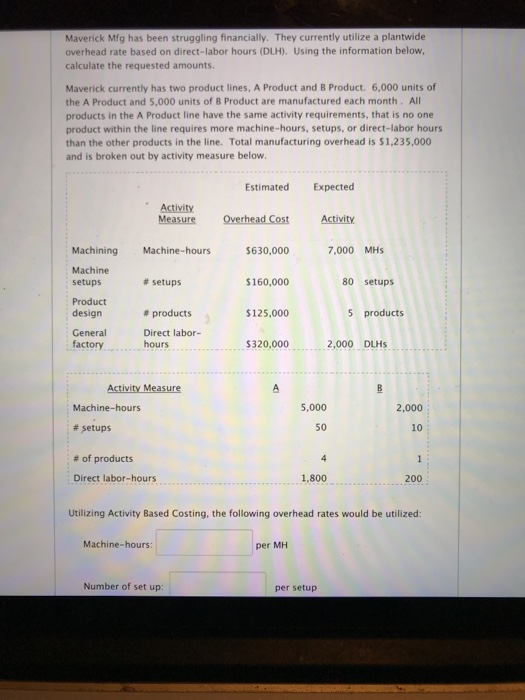 Maverick Mfg has been struggling financially. They currently utilize a plantwide overhead rate based on direct-labor hours (D