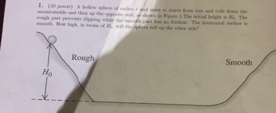 1. (20 points) A hollow sphere of radius r and mass m starts from rest and rolls down the mountainside and then up the opposi