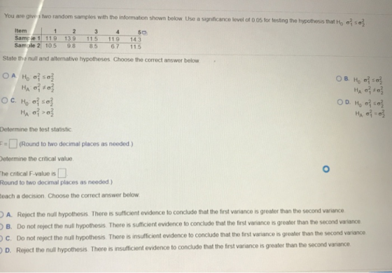 You are given two random samples with the information shown below. Use a significance level of 0.05 for testing the hypothesi