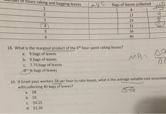 Hulver of hours raking and bagging leaves TAVO Bags of leaves collected 8 17 (4) 36 40 18. What is the marginal product of th