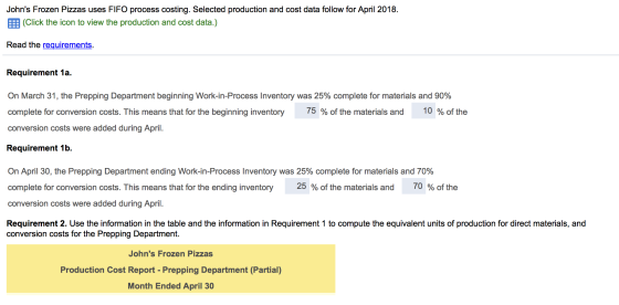 Johns Frozen Pizzas uses FIFO process costing. Selected production and cost data follow for April 2018. (Click the icon to v