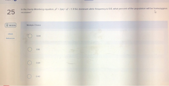 2pq+q? 1 If the dominant allele frequency is 0.8, what percent of the population will be homozygous In the Hardy Weinberg equ