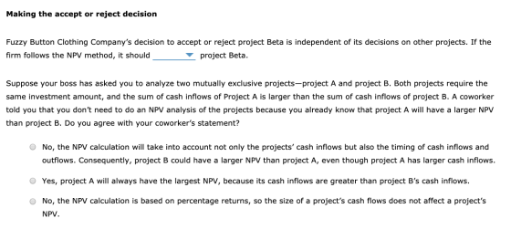 Making the accept or reject decision Fuzzy Button Clothing Companys decision to accept or reject project Beta is independent