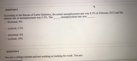 QUESTION 8 According to the Bureau of Labor Statistics, the actual unemployment rate was 8.3% in February 2012 and the natura