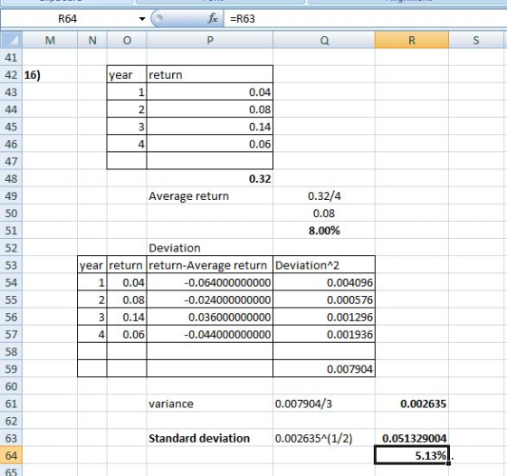 f R63 R64 M N P Q R 41 42 16) return year 43 1 0.04 44 2 0.08 45 3 0.14 46 4 0.06 47 48 0.32 0.32/4 Average return 49 50 0.08