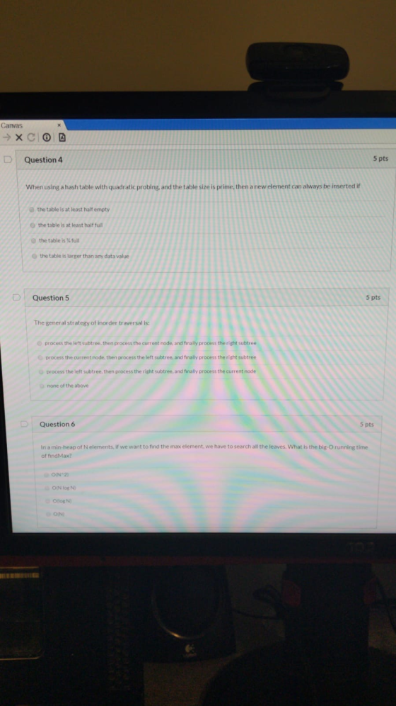 Canvas → XCO Question 4 5 pts When using a hash table with quadratic probing, and the table size is prime, then a new element
