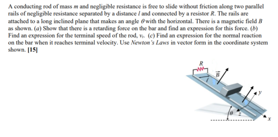 A conducting rod of mass m and negligible resistance is free to slide without friction along two parallel rails of negligible
