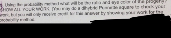 Using the probability method what will be the ratio and eye color of the progeny OW ALL YOUR WORK. (You may do a dihybrid Pun