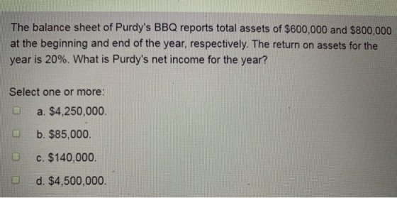 The balance sheet of Purdys BBQ reports total assets of $600,000 and $800,000 at the beginning and end of the year, respecti
