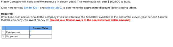 Fraser Company will need a new warehouse in eleven years. The warehouse will cost $360,000 to build. Click here to view Exhib