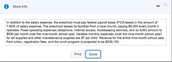 X iMore Info In addition to the salary expense, the preschool must pay federal payroll taxes (FICA taxes) in the amounto 7.65