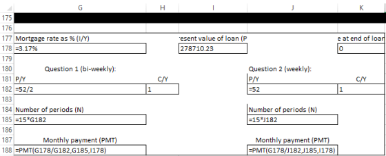 e at end of loan esent value of loan (P 278710.23 175 176 177 Mortgage rate as % (1/Y) 178 =3.17% 179 180 Question 1 (bi-week
