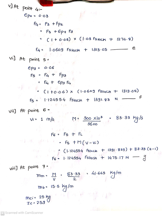 v] At point 4: Ep2 = 0.03 F4 = f3 +Fp2 F3 + Epz F3 CI+ 0.03) x (1.03 fs lack + 1274.8) f4 = 1.0609 islack + 1313.05 vi] At po