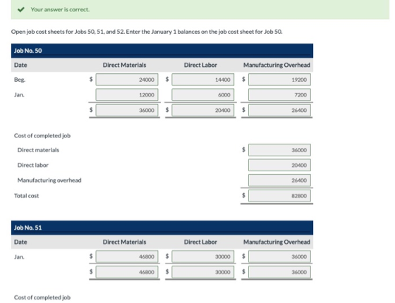 Your answer is correct. Open job cost sheets for Jobs 50, 51, and 52. Enter the January 1 balances on the job cost sheet for