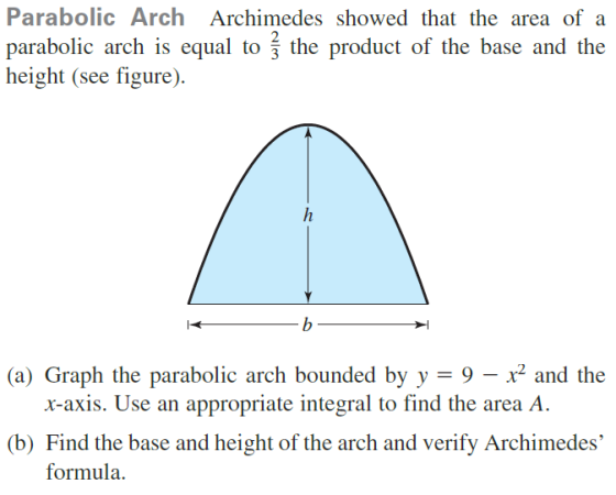 Parabolic Arch Archimedes showed that the area of a parabolic arch is equal to į the product of the base and the height (see