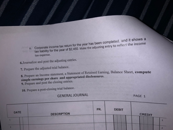 0. Corporate income tax return for the year has been completed, and it shows a tax liability for the year of $2.450. Make the