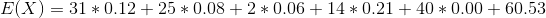 E(X) = 31 * 0.12 + 25 * 0.08 +2*0.06 + 14*0.21 +40 * 0.00 + 60.53