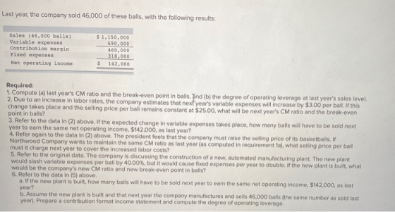 Last year, the company sold 46,000 of these balls, with the following results: Sales (46,000 balls) Variable expenses Contrib