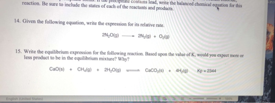 pitale contains lead, write the balanced chemical equation for this reaction. Be sure to include the states of each of the re
