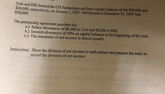 core and Hill formed the CH Partnership and have capital balances of the $28,000 and 124,000, respectively, on January 1, 200
