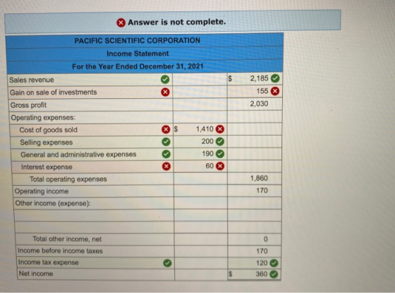 Answer is not complete. $ 2,185 155 % 2,030 PACIFIC SCIENTIFIC CORPORATION Income Statement For the Year Ended December 31, 2