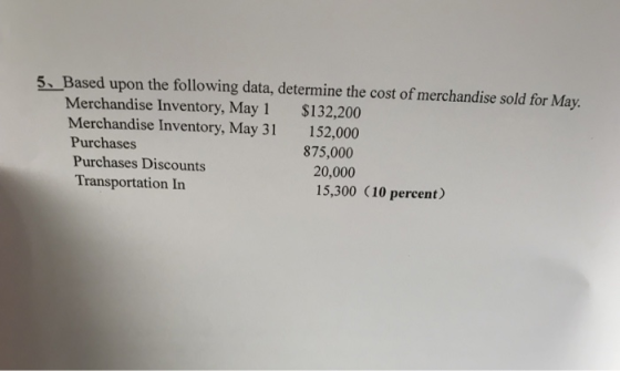 5 Based upon the following data, determine the cost of merchandise sold for May Merchandise Inventory, May 1 $132,200 152,000 875,000 20,000 Merchandise Inventory, May 31 Purchases Purchases Discounts Transportation In 15,300 (10 percent)