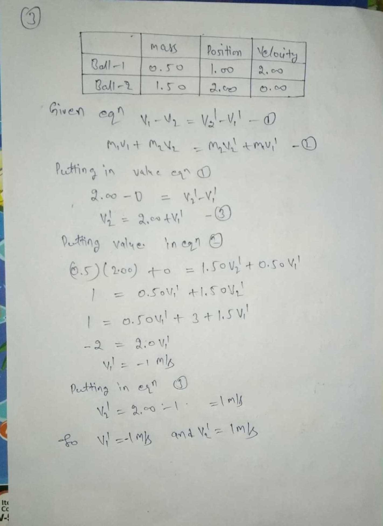 نما mass Position Velouty Bell- 1.50 Ball-2 Given con V, V = Val-V, - Q Muit Ma V₂ Matmu - Putting in value can 2.000 V = 2