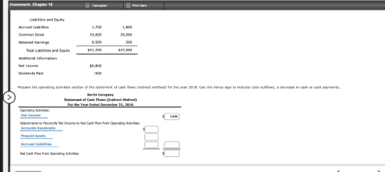 Homework: Chapter 16 Calculator Print Item Liabilities and Equity 1,700 Accrued Liabilities Common Stock 1,800 35,000 33,000