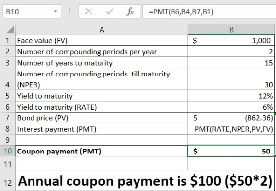 B10 - X 7 fo =PMT(B6,B4,87,81) B 1,000 30 А 1 Face value (FV) 2 Number of compounding periods per year 3 Number of years to m