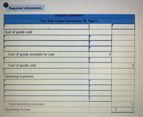 Required information Income Statement For Year Ended December 31, Year 1 Cost of goods sold Cost of goods available for sale