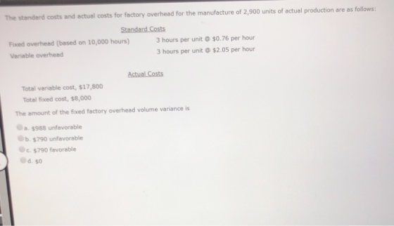The standard costs and actual costs for factory overhead for the manufacture of 2,900 units of actual production are as follo