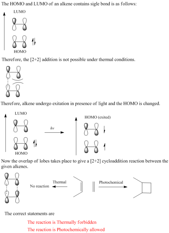 The HOMO and LUMO of an alkene contains sigle bond is as follows LUMO HOMO Therefore, the [2+2] addition is not possible unde
