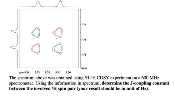 7.74 7.76 7.78 ppm ppm8.348.338.32 8.31 8.30 The spectrum above was obtained using H-H COSY experiment on a 600 MHz spectrometer. Using the information in spectrum, determine the J-coupling constant between the involved H spin pair (your result should be in unit of Hz)