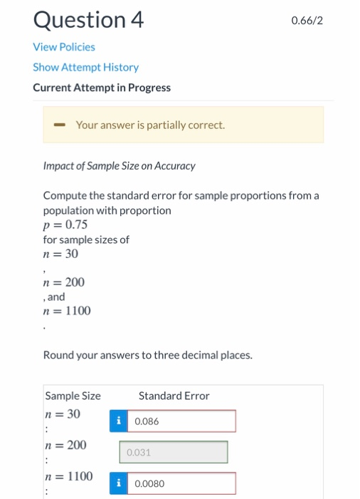 Question 4 0.66/2 View Policies Show Attempt History Current Attempt in Progress - Your answer is partially correct. Impact o
