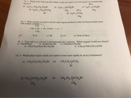 () 1. Which of the following alkyl holides would you expect to be most reactive in a unimolecular reaction? CH3 a) CsM , CH,