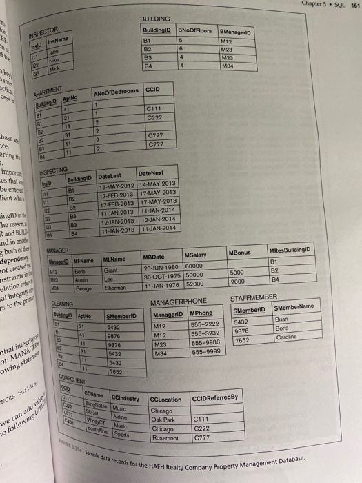 Chapter 5. SQL 161 INSPECTOR InsName 11 Jane No IV ANOOTBedrooms APARTMENT Building Apto 81 41 21 11 2 2 Ba 31 11 ce esting 2