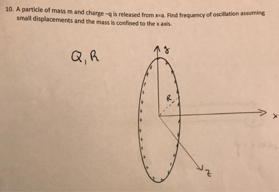 10. A particle of mass m and charge-q is released from x-a. Fin small displacements and the mass is confined to the x axis. d