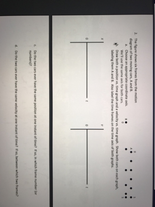 2. The figure shows six frames from the motion diagram of two moving cars, A and B. a. Choose an appropriate coordinate axis. Well use the same axis for both cars. P. Draw both a position vs. time graph and a velocity vs. time graph. Show both cars on each graph, labeling them A and B. Also label the time frames on the time axis of both graphs. c. Do the two cars ever have the same position at one instant of time? If so, in which frame number (or numbers)? d. Do the two cars ever have the same velocity at one instant of time? If so, between which two frames?