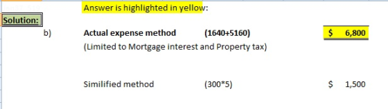Answer is highlighted in yellow: Actual expense method (1640+5160) (Limited to Mortgage interest and Property tax) Solution:
