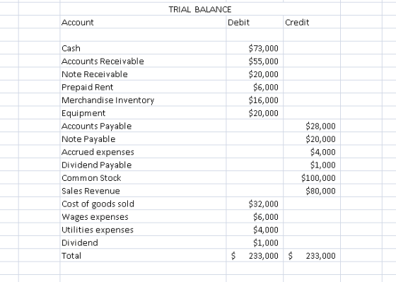 TRIAL BALANCE Account Debit Credit $73,000 $55,000 $20,000 $6,000 $16,000 $20,000 Cash Accounts Receivable Note Receivable Prepaid Rent Merchandise Inventor Equipment Accounts Payable Note Payable Accrued expenses Dividend Payable Common Stock Sales Revenue Cost of goods sold Wages expenses Utilities expenses Dividend Total $28,000 $20,000 $4,000 $1,000 $100,000 $80,000 $32,000 $6,000 $4,000 $1,000 233,000 233,000