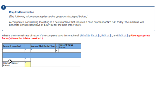 Required information The following information applies to the questions displayed below.] A company is consldering Investing In a new machine that requlres a cash payment of $51,849 today. The machine w generate annual cash flows of $20.483 for the next three years. What Is the Internal rate of return If the company buys this machine? (PV of $1. FV of $1.PVA of $1, and FVA of $1 (Use approprlate factor(s) from the tables provided.) Present Value Factor unt Invested Annual Net Cash Flow Interna Rate of Return