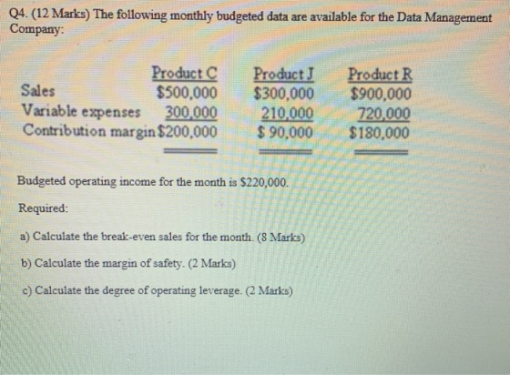 04.(12 Marks) The following monthly budgeted data are available for the Data Management Company: Product C Sales $500,000 Var