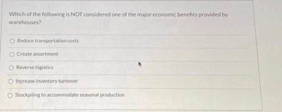 Which of the following is NOT considered one of the major economic benefits provided by warehouses? Reduce transportation cos