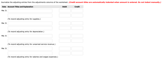 Journalize the adjusting entries from the adjustments columns of the worksheet. (Credit account titles are automatically inde