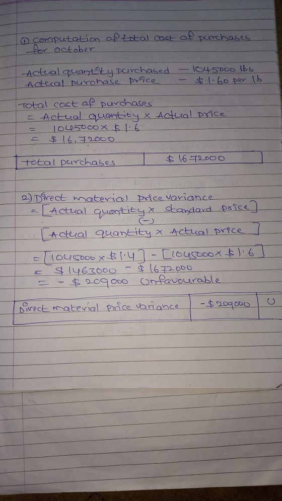 ① computation of total cost of purchases for october -Actual quantity perchased Acceal purchase price - 1045000 lbs - $1.60 p