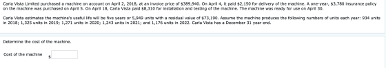 Carla Vista Limited purchased a machine on account on April 2, 2018, at an invoice price of $389,940. On April 4, it paid $2,