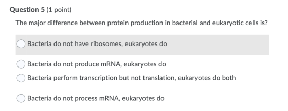 Question 5 (1 point) The major difference between protein production in bacterial and eukaryotic cells is? O Bacteria do not