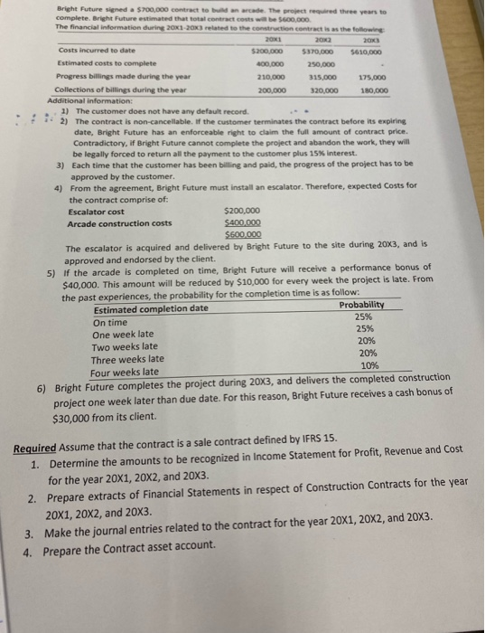 Bright Future signed a $700,000 contract to an d the project required three years to complete. Bright Future estimated that t