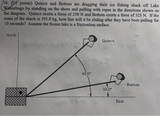 16. 5 points) Quince and Bottom are dragging their ice fishing shack off Lake by standing on the shore and pulling with ropes in the directions shown on the diagram. Quince exerts a force of 250 N and Bottom exerts a force of 325 N. If the mass of the shack is 395.0 kg, how fast will it be sliding after they have been pulling for 10 seconds? Assume the frozen lake is a frictionless surface. North Quince 42.0 Bottom 10.0° East