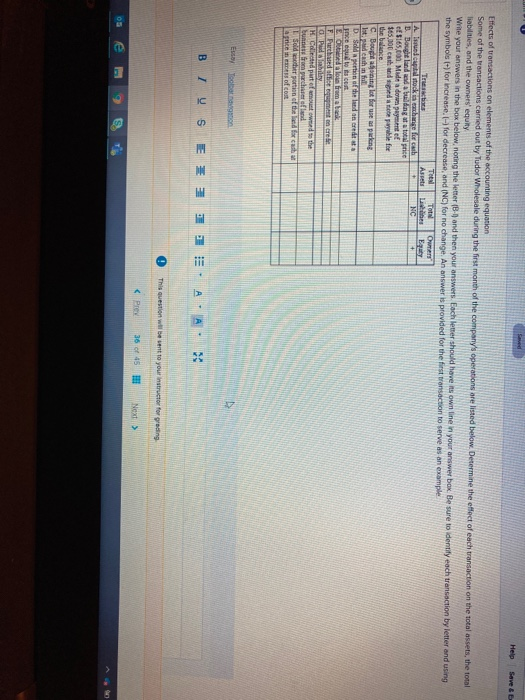 saved Help Save & + + Effects of transactions on elements of the accounting equation Some of the transactions carried out by